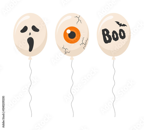 Set of beige balloons with Halloween elements, isolated on white background. Flat vector illustration