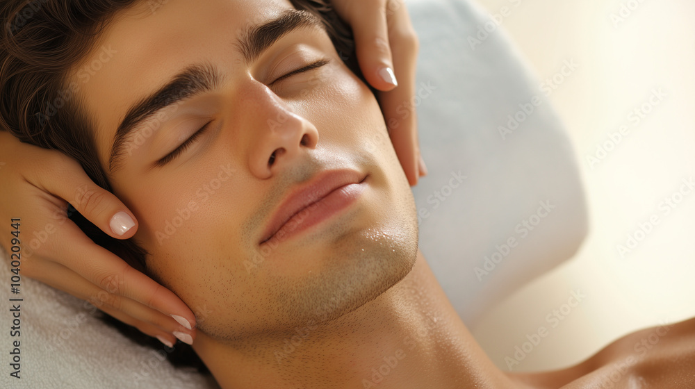 Naklejka premium Professional skincare treatment for relaxation and rejuvenation, Hands massaging face for ultimate skincare therapy. Men’s grooming. Mens cosmetics photo, beauty industry advertising photo.