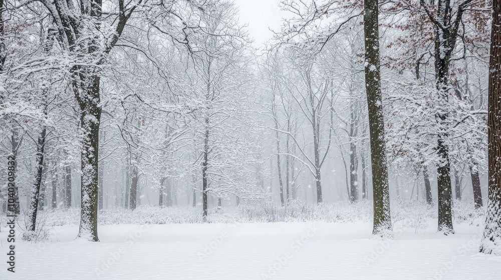 Obraz premium Snow-covered forest with bare trees and a soft snowfall creating a serene and peaceful winter scene.