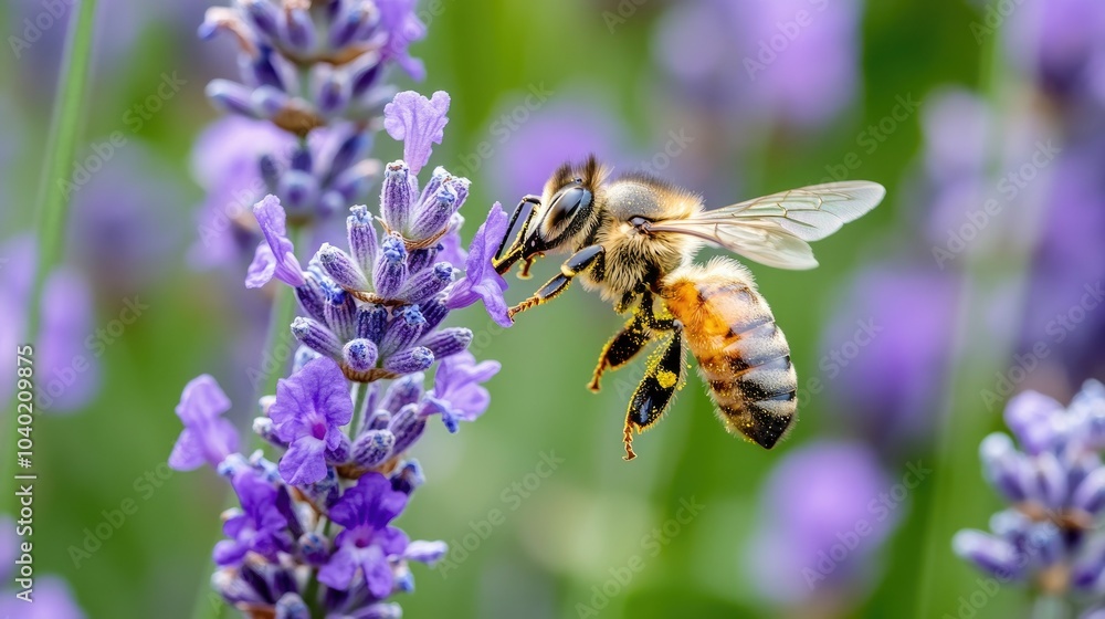 Flying honey bee collecting pollen from a lavender flower, its legs covered in golden pollen grains, with a blurred garden in the background --chaos Flying honey bee collecting pollen from a lavender flower, its legs covered in golden pollen grains, with a blurred garden in the background --chaos