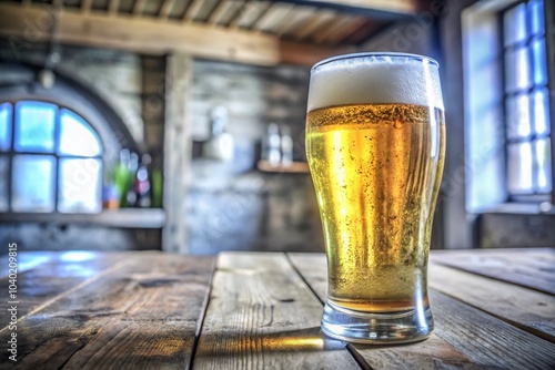 Refreshing Glass of Beer on a Rustic Counter, Ideal for Food and Beverage Photography photo