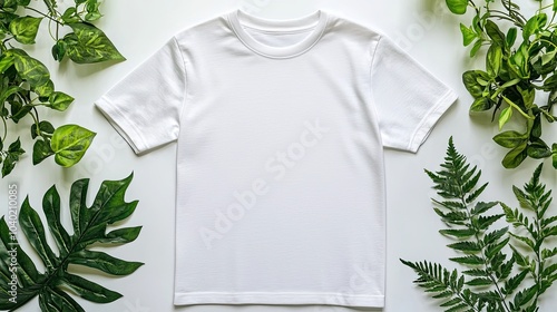 A plain white t-shirt placed on a light surface, surrounded by green leaves, creating a fresh and minimalistic aesthetic. photo