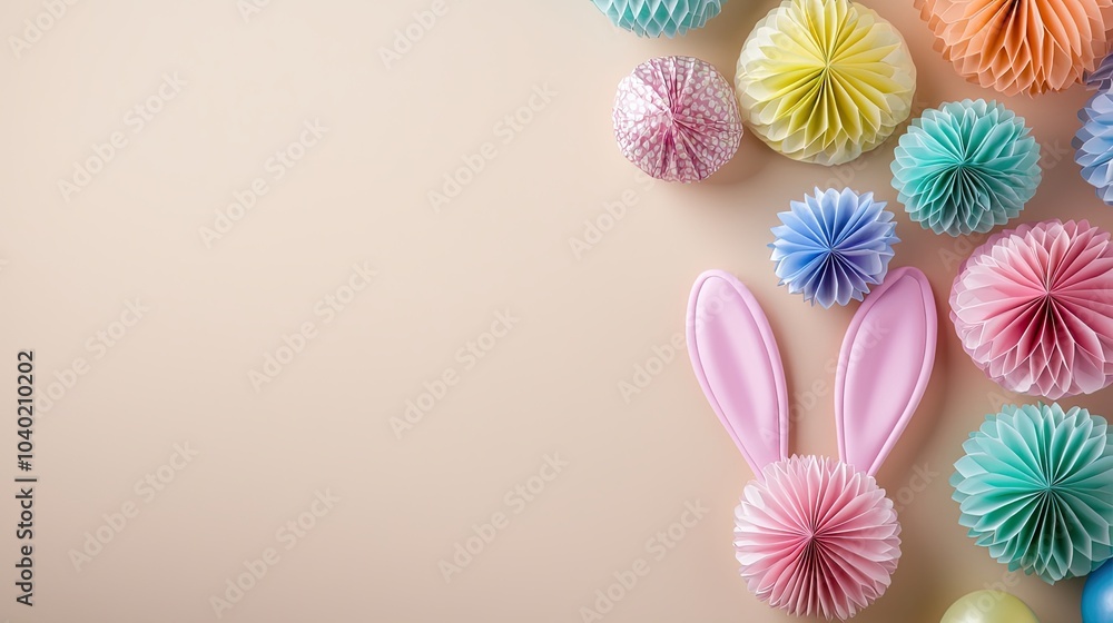 Obraz premium Colorful paper decorations arranged creatively, featuring pastel hues and a rabbit-themed design, perfect for festive celebrations like Easter.