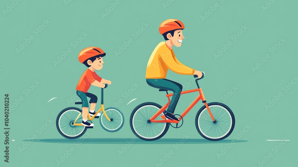 custom made wallpaper toronto digitalFather and son cycling together, cartoon style, with helmets on bright background.