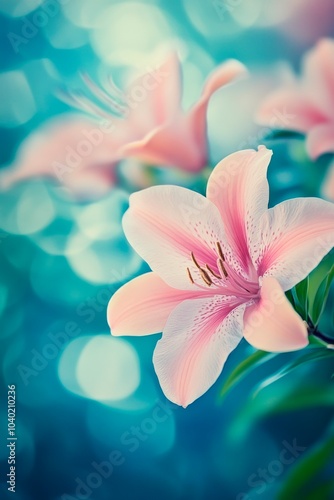 Beautiful lily flower with a bokeh background, copy space for text, banner design, blurred background, pastel colors, delicate, soft light, dreamy atmosphere