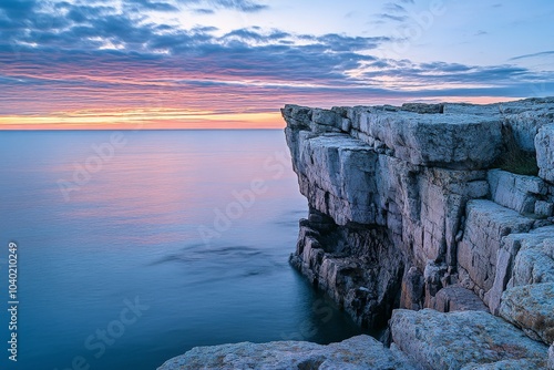 A rocky coastal cliff rises boldly against a setting sun, its rugged features silhouetted by vibrant skies, representing resilience and the passage of time. photo