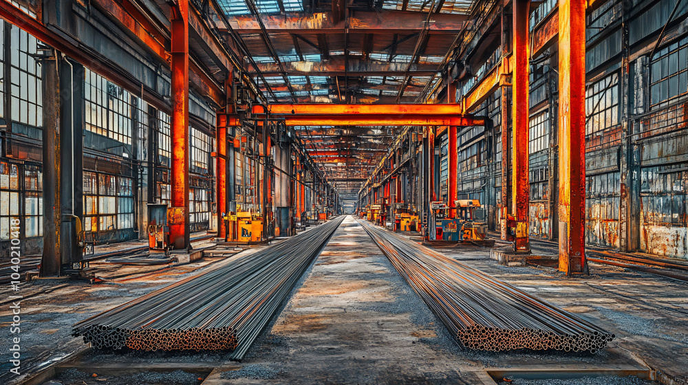 Industrial Metal Warehouse Interior with Stacks of Steel Pipes Industrial Metal Warehouse Interior with Stacks of Steel Pipes