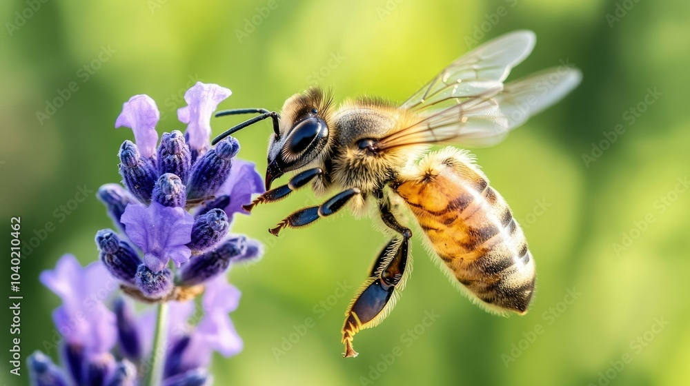 Flying honey bee near a lavender flower, with pollen visible on its legs, caught mid-flight against a blurred green background --chaos Flying honey bee near a lavender flower, with pollen visible on its legs, caught mid-flight against a blurred green background --chaos