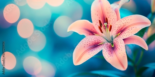 Beautiful lily flower with a bokeh background, copy space for text, banner design, blurred background, pastel colors, delicate, soft light, dreamy atmosphere