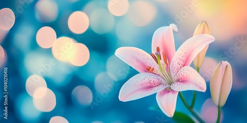 Beautiful lily flower with a bokeh background, copy space for text, banner design, blurred background, pastel colors, delicate, soft light, dreamy atmosphere