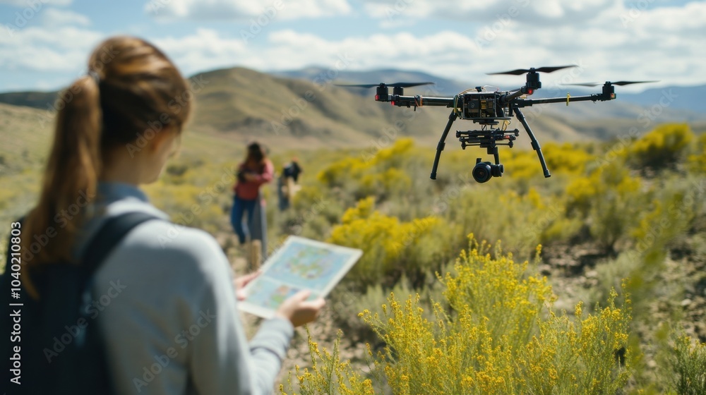 A group of researchers navigates the terrain while observing a drone in action above vibrant wildflowers on a sunny afternoon A group of researchers navigates the terrain while observing a drone in action above vibrant wildflowers on a sunny afternoon
