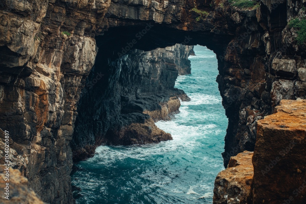 Obraz premium A stunning natural rock archway frames a scene of vibrant blue ocean waves crashing into the rocky formations, creating a powerful and mesmerizing spectacle.