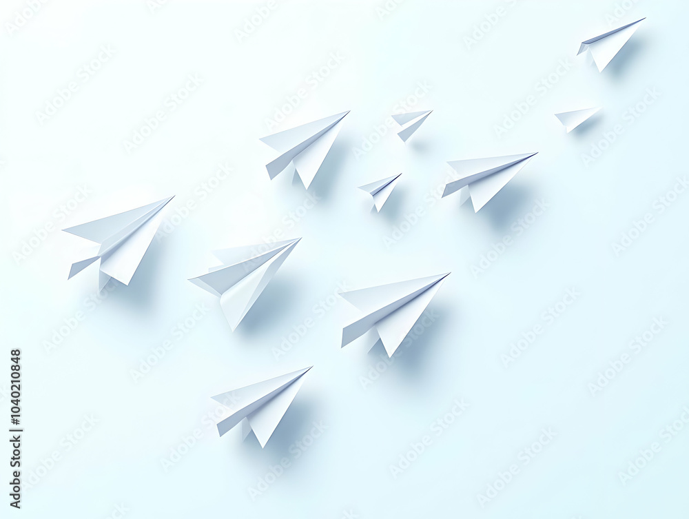 Flat Rising White Paper Planes Concept Close Up, Multiple White Paper Planes Ascending in Formation, Symbolizing Aspirations and Goals, Isolated on White Background, Simple Flat Vector Illustration, S Flat Rising White Paper Planes Concept Close Up, Multiple White Paper Planes Ascending in Formation, Symbolizing Aspirations and Goals, Isolated on White Background, Simple Flat Vector Illustration, S