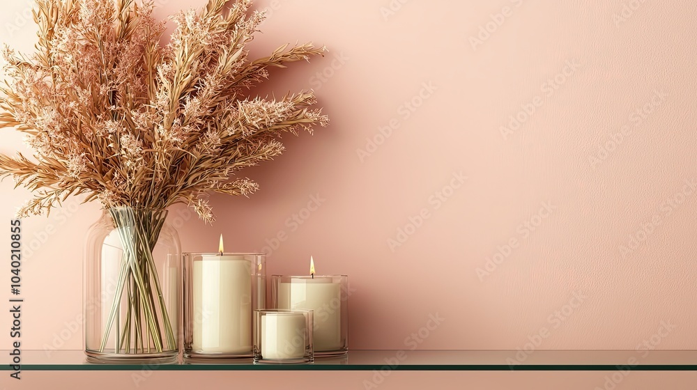 A serene arrangement of dried flowers in a glass vase and candles on a shelf, set against a soft pink wall. A serene arrangement of dried flowers in a glass vase and candles on a shelf, set against a soft pink wall.