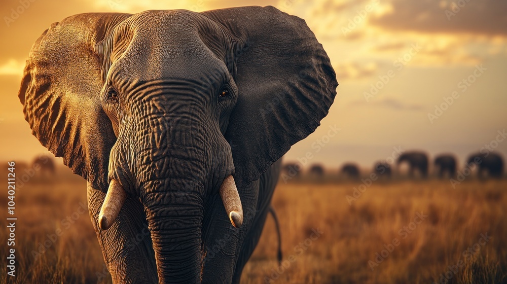 Obraz premium Majestic Elephant at Golden Sunset in the Plains