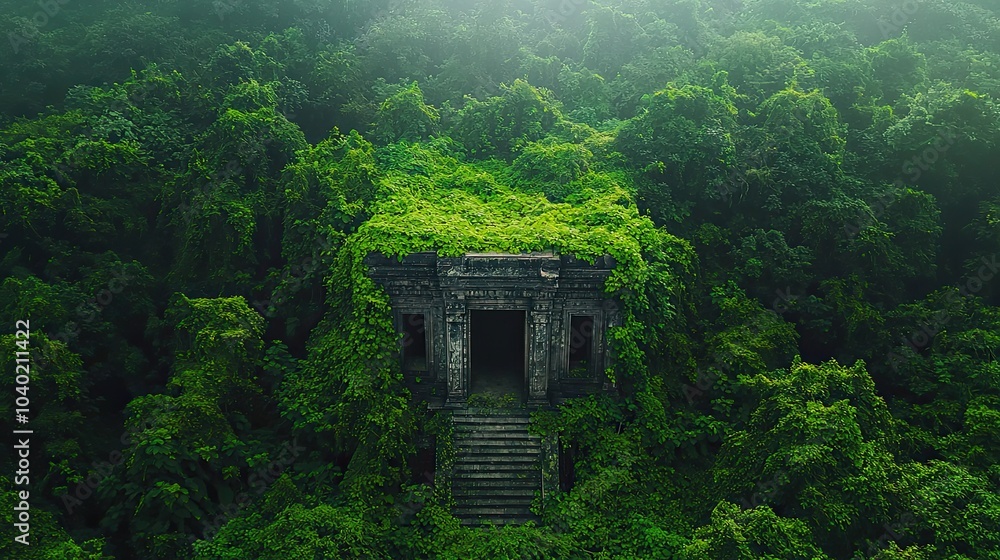 An ancient, overgrown temple blends seamlessly with vibrant jungle foliage, shrouded in mist and mystery. An ancient, overgrown temple blends seamlessly with vibrant jungle foliage, shrouded in mist and mystery.