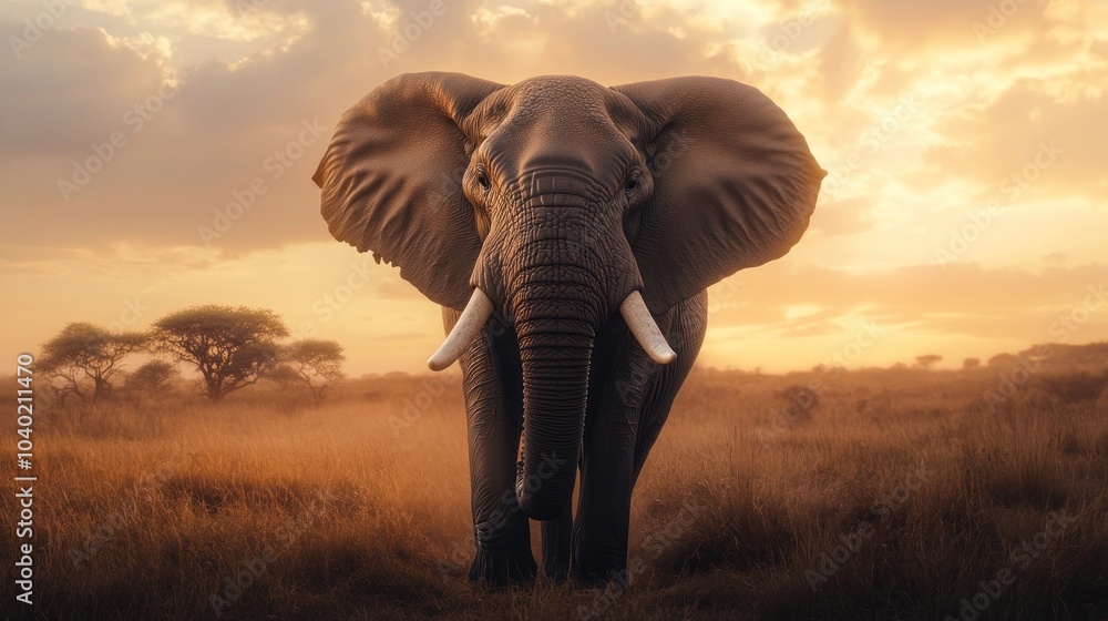 Obraz premium Solitary elephant under a peaceful golden sky
