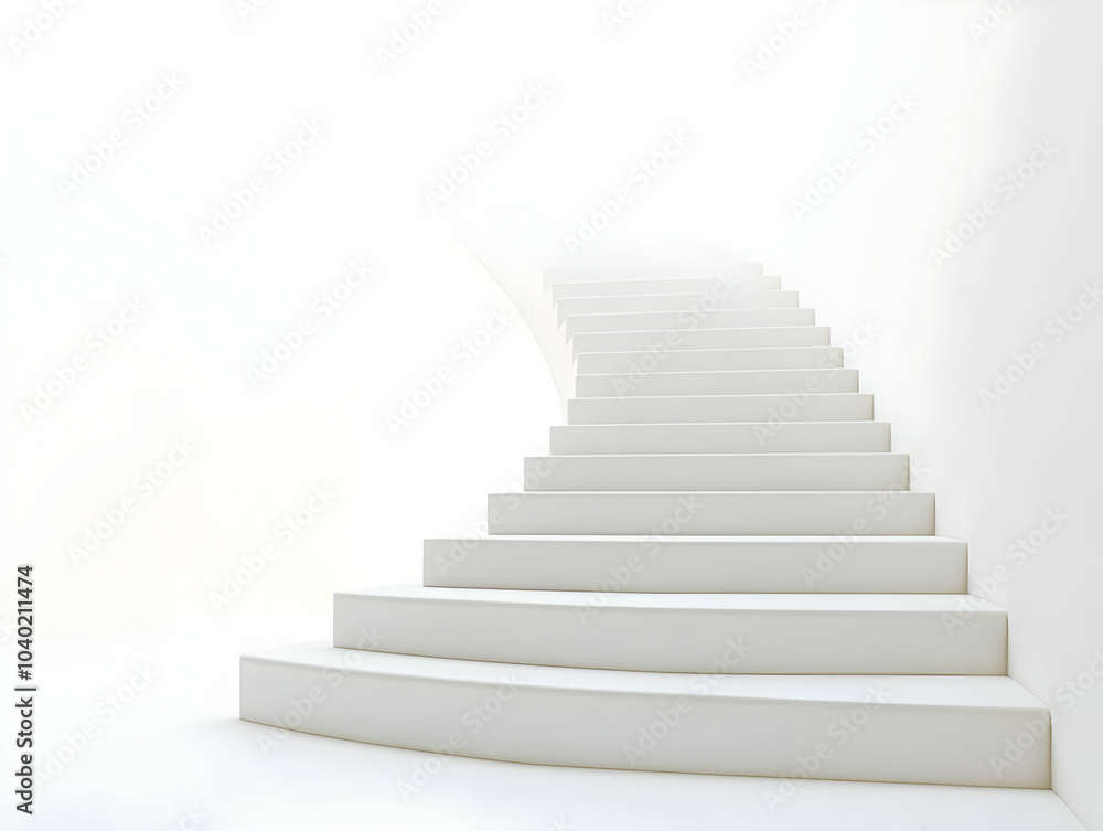 Flat Ascending White Staircase Concept - Wide Shot of White Stairs Ascending into Space, Symbolizing Personal Growth, Progress, Isolated on White Background, Simple Vector Illustration for Smart Busin Flat Ascending White Staircase Concept - Wide Shot of White Stairs Ascending into Space, Symbolizing Personal Growth, Progress, Isolated on White Background, Simple Vector Illustration for Smart Busin