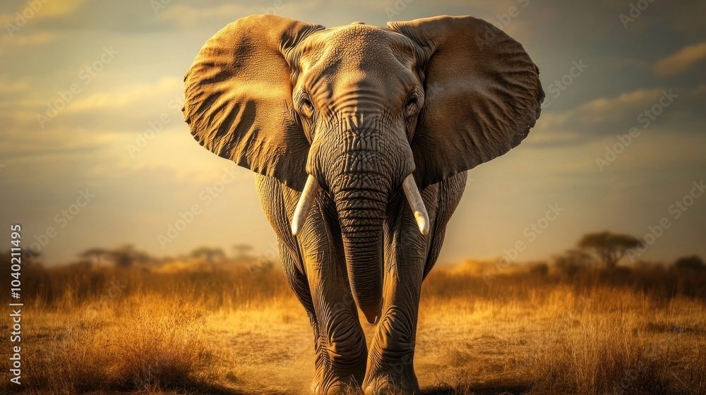 Obraz premium Majestic elephant in golden savannah at sunset.