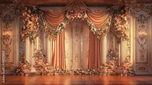 Elegant floral stage backdrop in opulent ballroom