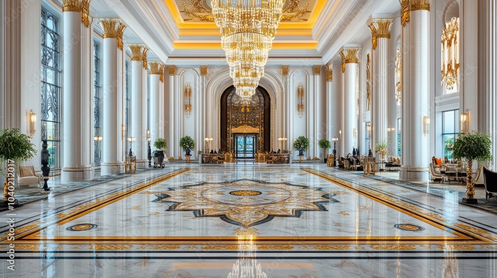 Obraz premium Elegant Lobby with Marble Floors and Chandelier