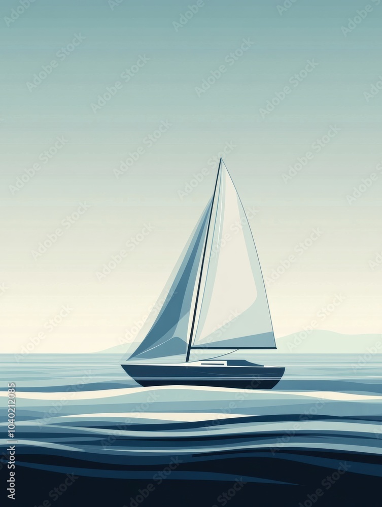Obraz premium A sleek sailboat navigates calm waves, reflecting the smooth, serene waters and peaceful atmosphere at dawn. Generative AI