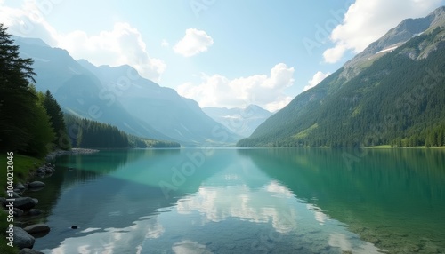  Tranquil mountain lake under a clear sky