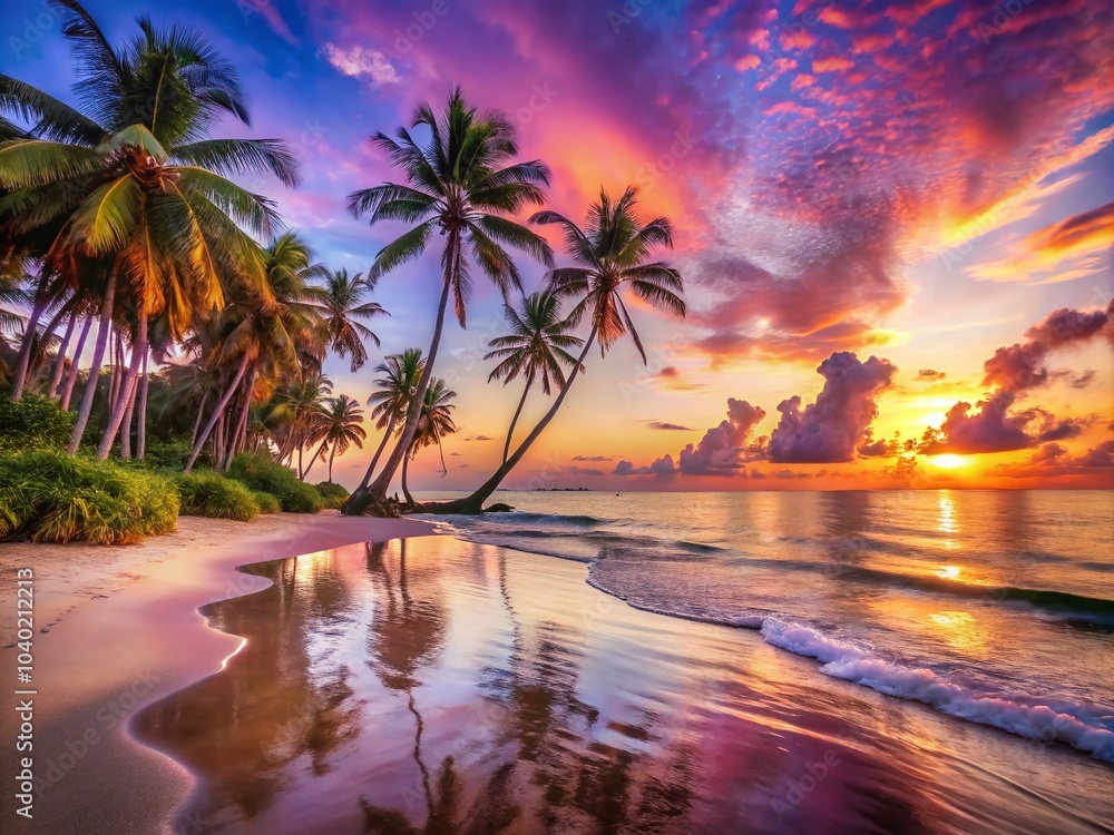 Fototapeta premium Relaxing Beach Holiday Landscape with Crystal Clear Waters and Vibrant Sunsets