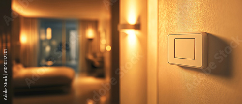 Modern White Light Switch on a Wall in a Warmly Lit Bedroom