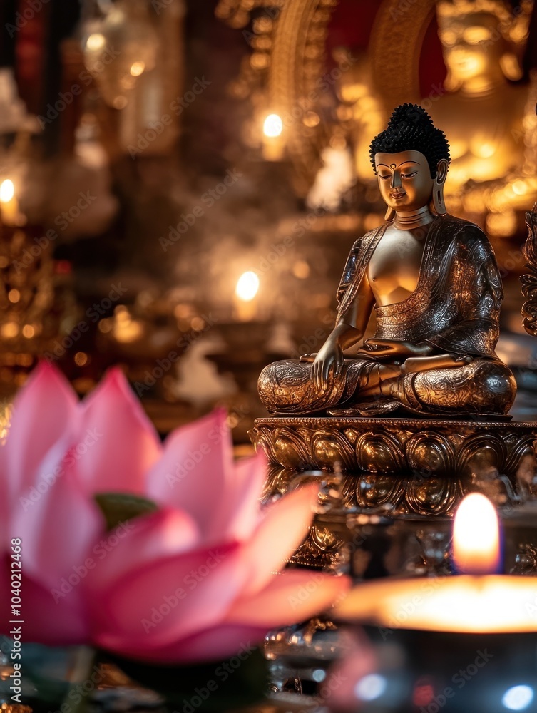 Buddha statue among candles with pink lotus in front Buddha statue among candles with pink lotus in front