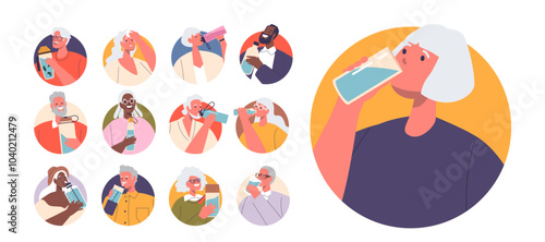 Group Of Diverse Senior People Enjoying Refreshing Drinks While Expressing Joy And Happiness. Cartoon Circular Icons