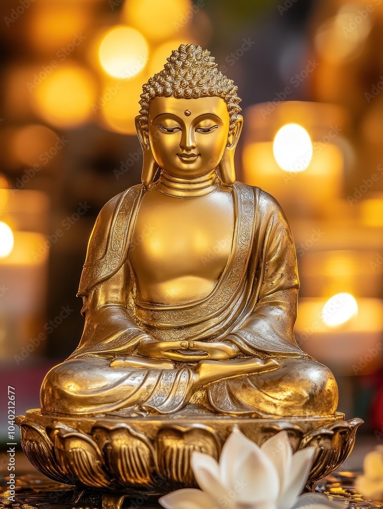 Fototapeta premium Buddha of tranquility seated on golden lotus petals