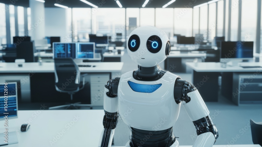 A robot performing automated data entry in a sleek, contemporary financial services office with clean, organized desks and advanced data processing systems A robot performing automated data entry in a sleek, contemporary financial services office with clean, organized desks and advanced data processing systems