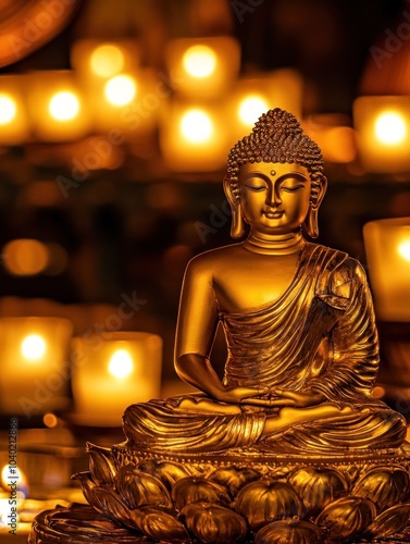 Radiant Buddha statue meditating with candle light photo