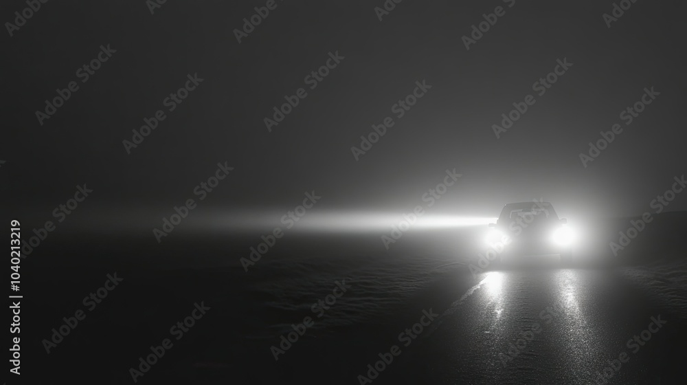 Headlights from a car on a foggy rural road, illuminating the thick mist and casting a soft glow on the quiet, empty landscape --chaos Headlights from a car on a foggy rural road, illuminating the thick mist and casting a soft glow on the quiet, empty landscape --chaos