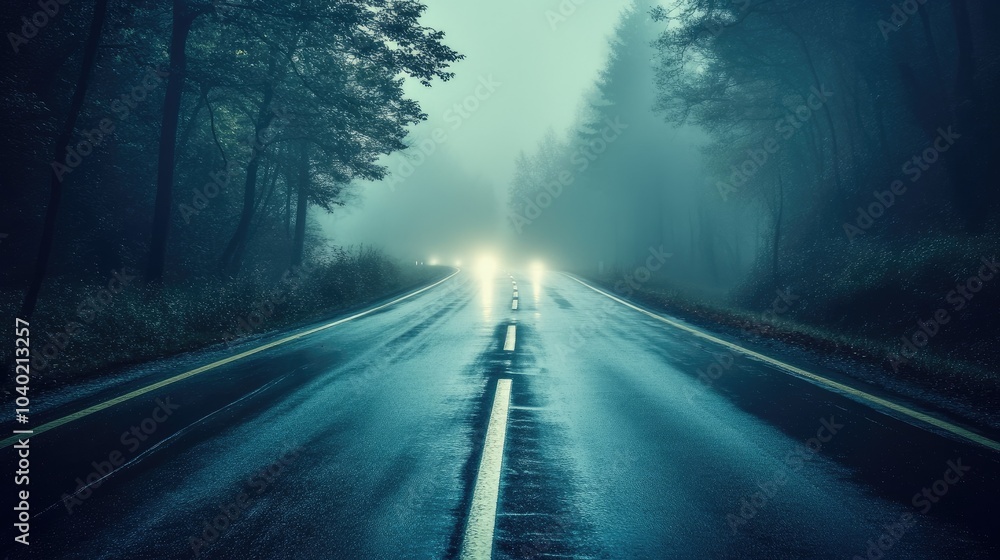 Headlights from a car on a foggy rural road, illuminating the thick mist and casting a soft glow on the quiet, empty landscape --chaos Headlights from a car on a foggy rural road, illuminating the thick mist and casting a soft glow on the quiet, empty landscape --chaos