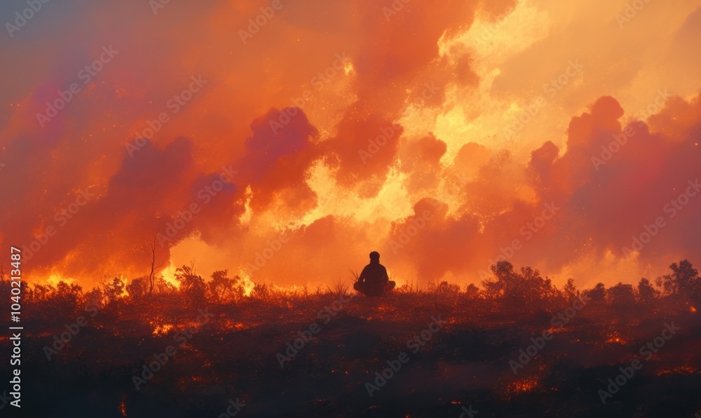 Fototapeta premium Person Meditating Amidst Intense Forest Fire Blaze
