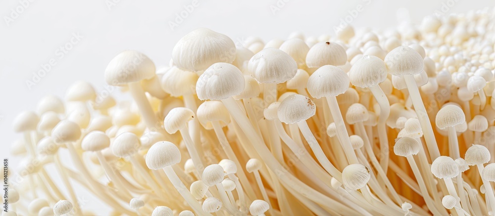Enoki mushroom a staple in Asian cuisine displayed on a white background with ample copy space ideal for soups and stir fries Enoki mushroom a staple in Asian cuisine displayed on a white background with ample copy space ideal for soups and stir fries