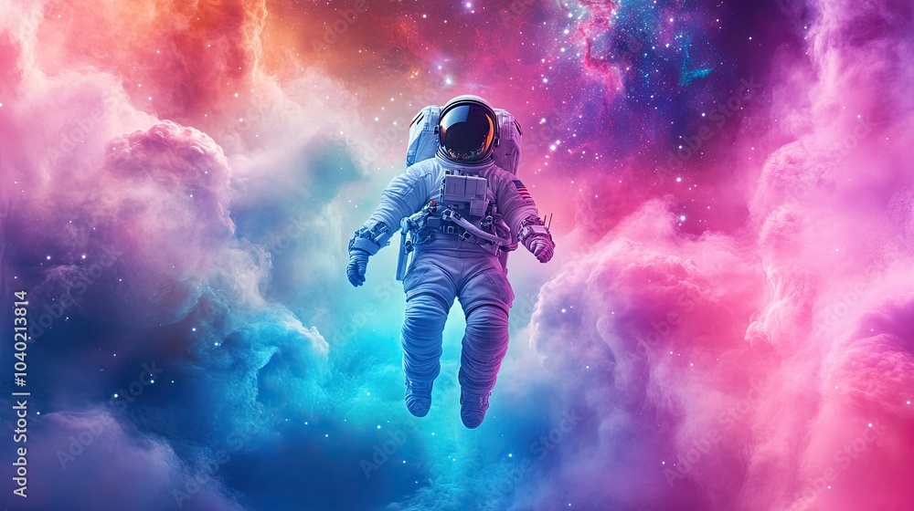 Fototapeta premium Astronaut Floating in Colorful Cosmic Cloud
