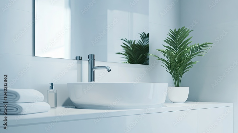 Fototapeta premium Clean and minimalist bathroom with modern fixtures and copy space on the mirr