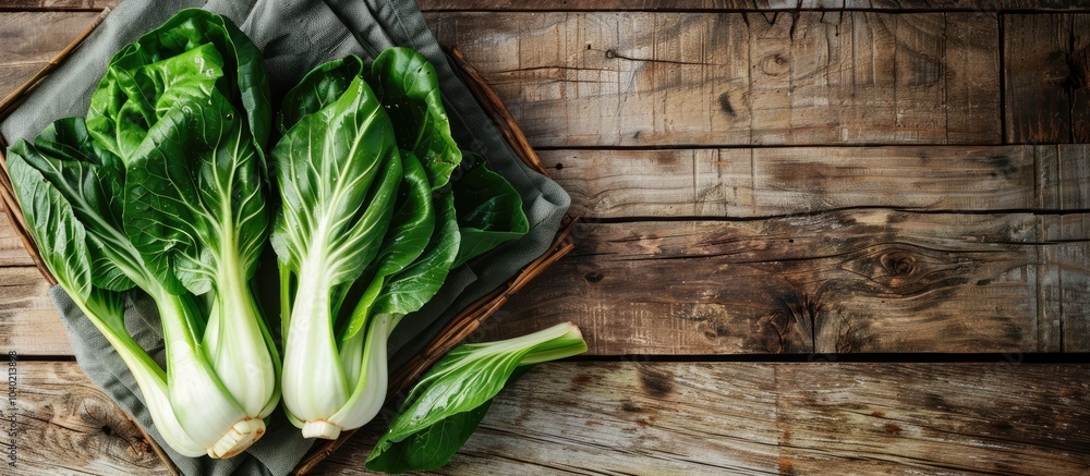 Bok choy displayed on a rustic wooden surface with copy space image Bok choy displayed on a rustic wooden surface with copy space image