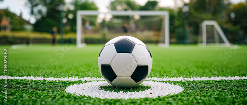 A close-up of a soccer ball resting on the penalty spot, with a well-maintained green pitch and goalposts visible in the background