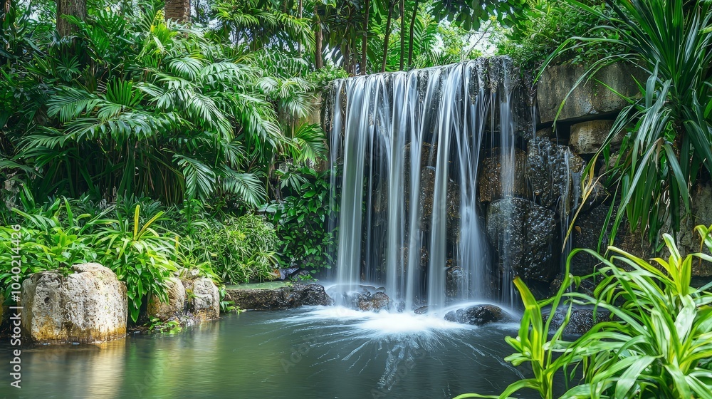 Naklejka premium Tranquil waterfall cascading into a pond surrounded by lush greenery.