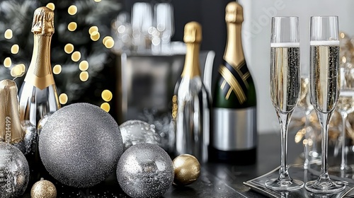 Two glasses of champagne on a table with silver and gold Christmas ornaments and bottles of champagne.