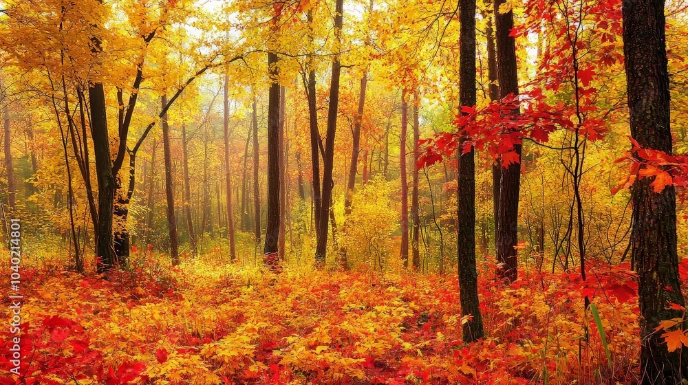 Obraz premium Vibrant autumn forest with golden and red foliage, sunlight filtering through trees.