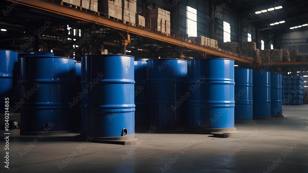 Blue painted oil barrel stored in a warehouse Blue painted oil barrel stored in a warehouse