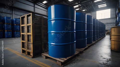 Blue painted oil barrel stored in a warehouse photo