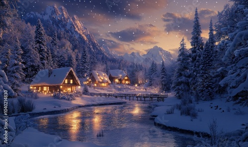 Winter Wonderland: Snowy Evening Village Scene