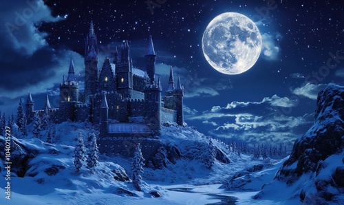 Enchanted Castle under Moonlit Sky at Night