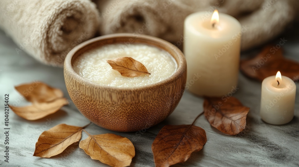 A serene spa setting featuring a bowl of rice, candles, and dried leaves for relaxation. A serene spa setting featuring a bowl of rice, candles, and dried leaves for relaxation.
